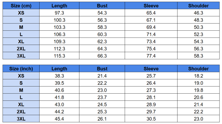 Hooded Overcoat Size Chart 