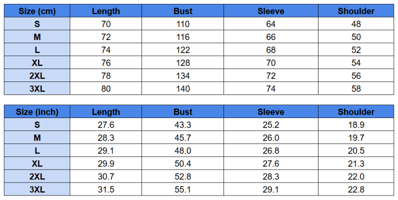 Zipper Sweatshirt Size Chart 