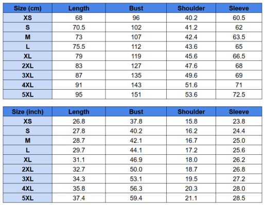 Long Sleeve Shirt Size Chart