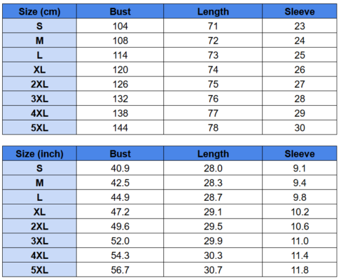 Henley Polo Shirt Size Chart