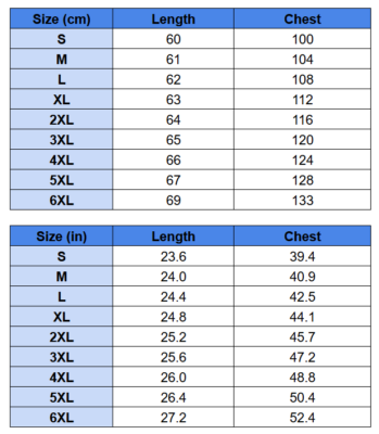 Cross Shoulder T-Shirt Size Chart
