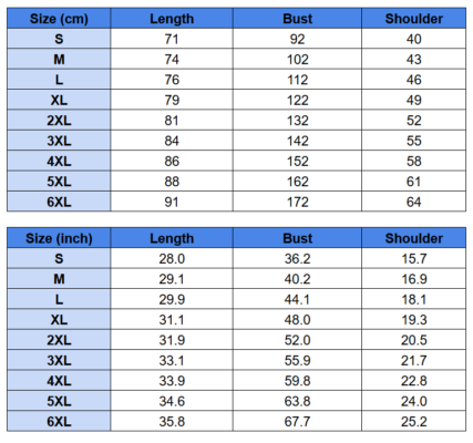 Polo Shirt Size Chart 