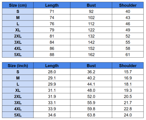 V-Neck T-Shirt Size Chart 
