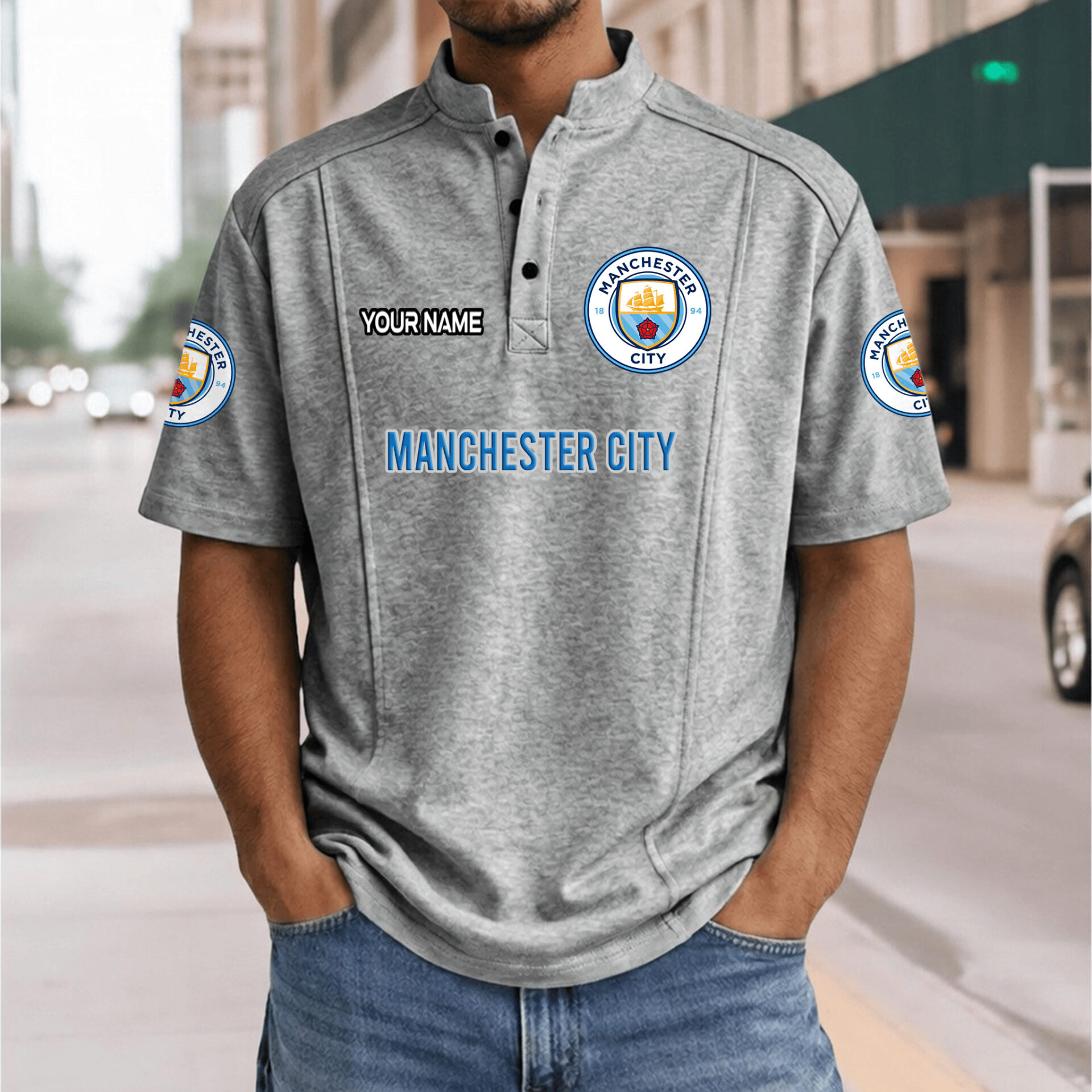 Manchester City – Henley Polo Shirt Nieuwe Versie with Your Name Manchester City – Henley Polo Shirt Nieuwe Versie with Your Name