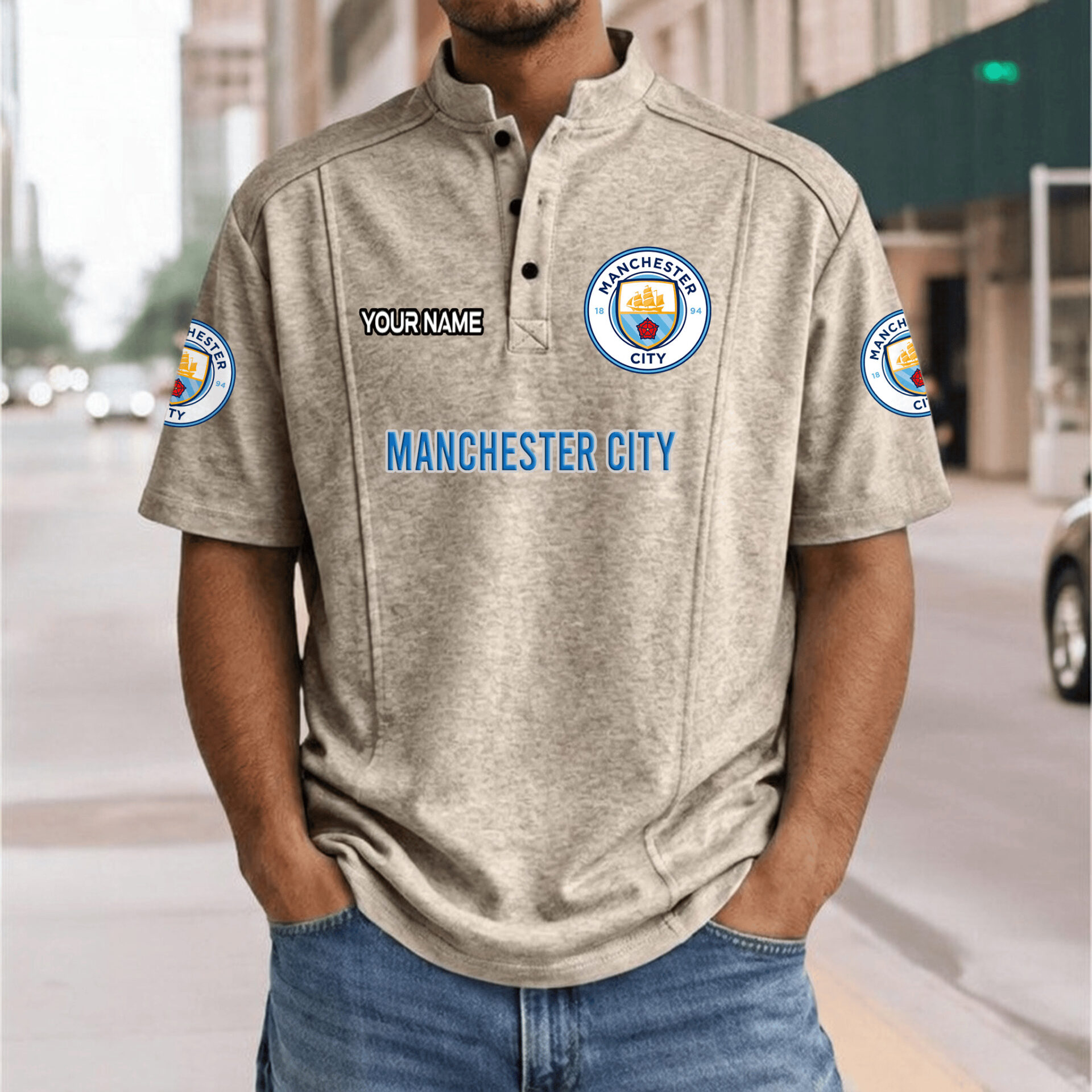 Manchester City – Henley Polo Shirt Nieuwe Versie with Your Name Manchester City – Henley Polo Shirt Nieuwe Versie with Your Name