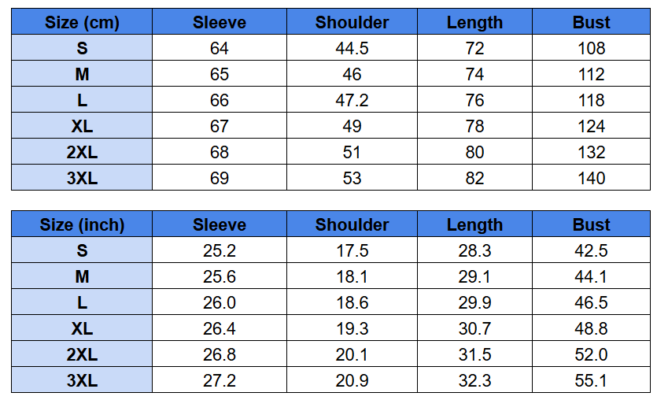 Urban Hoodie size chart